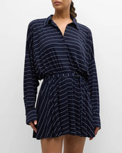 Load image into Gallery viewer, NORMA KAMALI-NAVY PINSTRIPE OVERSIZED FLARED MINI DRESS
